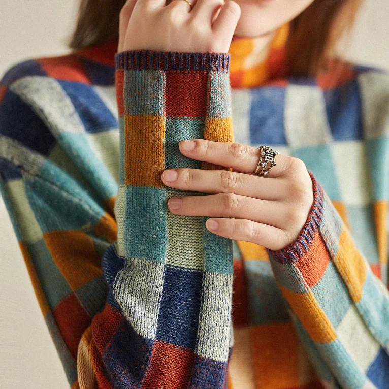 Vexna | Women's Colorblock Mock Turtleneck Sweater — Retro Check Pattern Knit Pullover | Westmere
