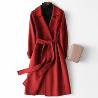 Virginia | Womens Belted Wrap Coat | Long A-Line Silhouette, Notch Lapel, Wrap Style | Burgundy, Sizes Sizes S-2XL