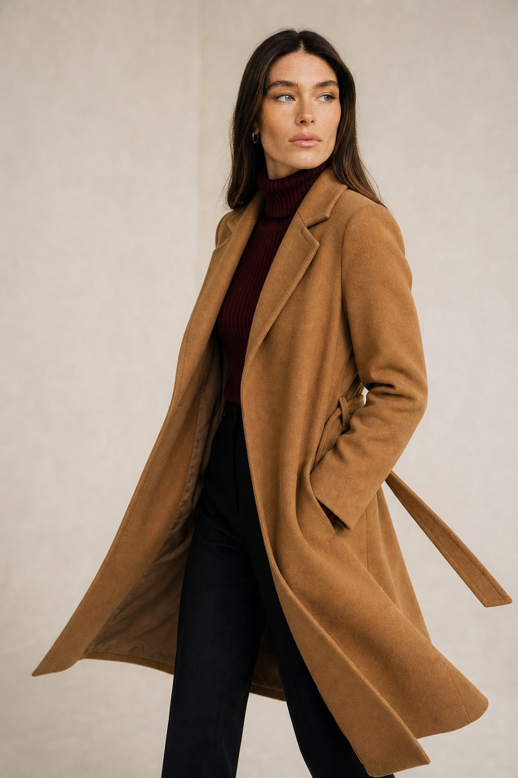 Claire Womens Belted Wool Coat in Midi Length in Vintage