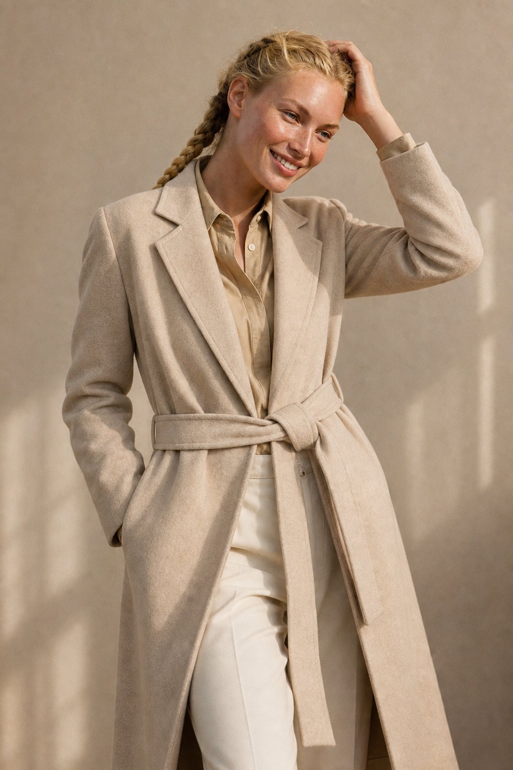 Claire Womens Belted Wool Coat in Midi Length