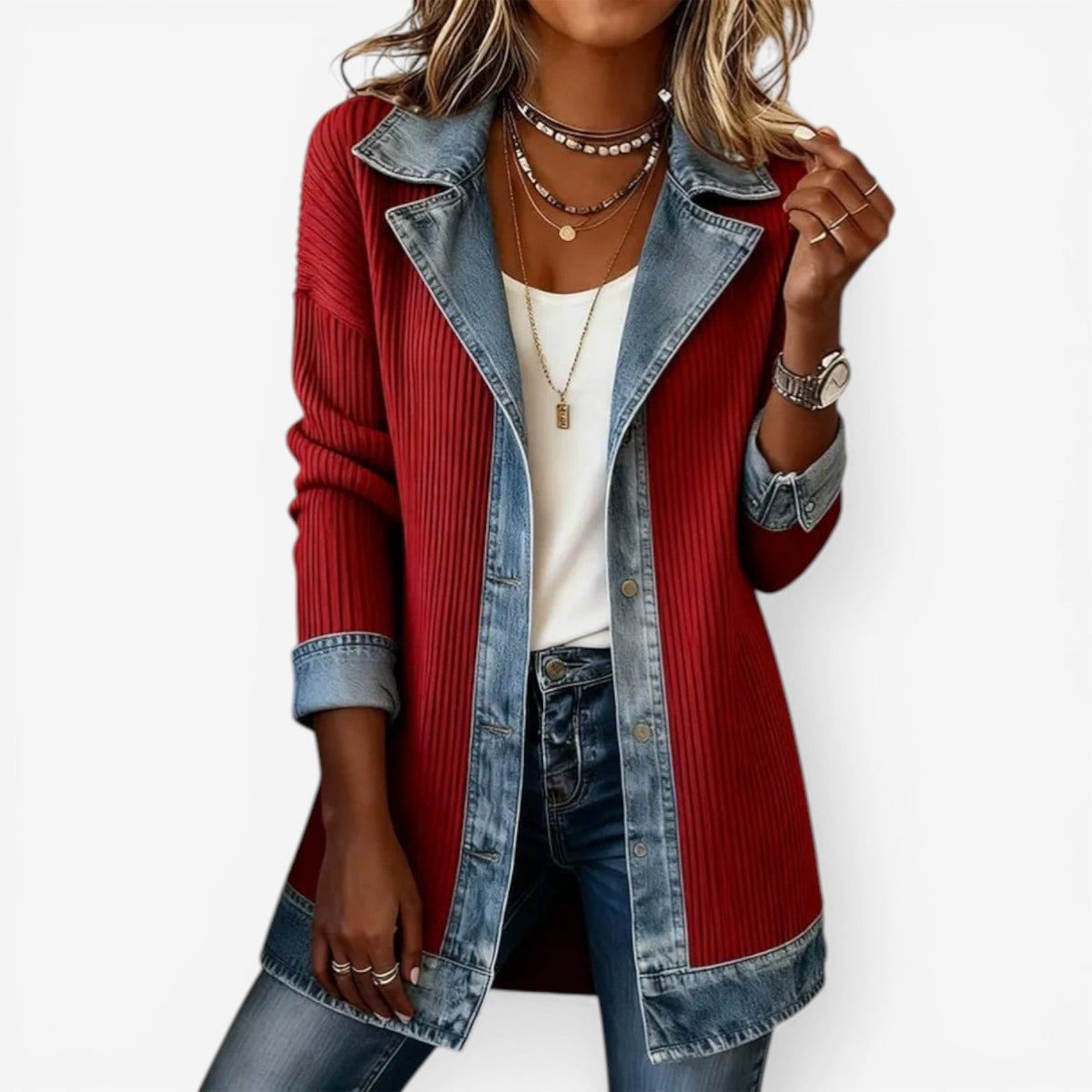 Cora Womens Knit Jacket with Denim Accents in Red