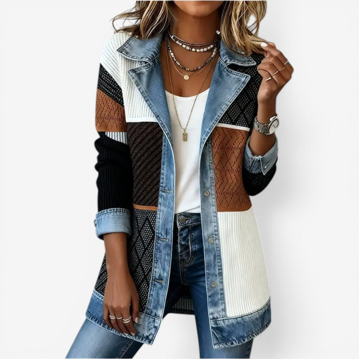 Cora Womens Knit Jacket with Denim Accents in Multicolor
