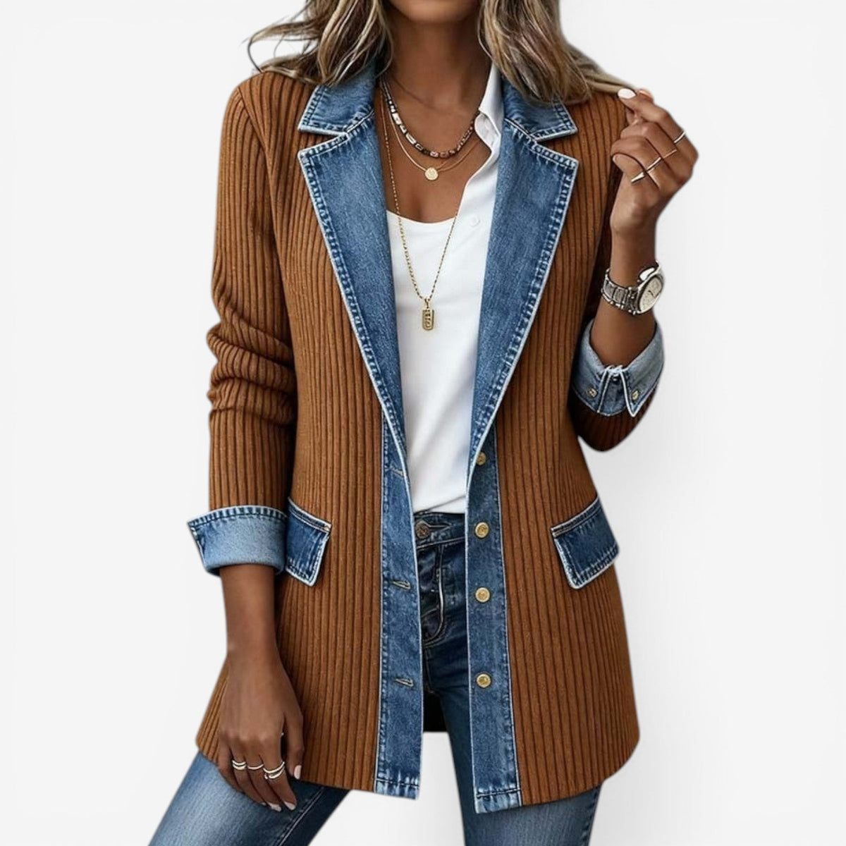 Cora Womens Knit Jacket with Denim Accents in Khaki