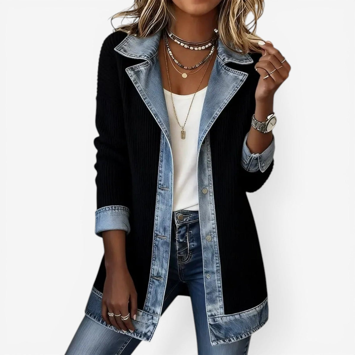 Cora Womens Knit Jacket with Denim Accents in Black