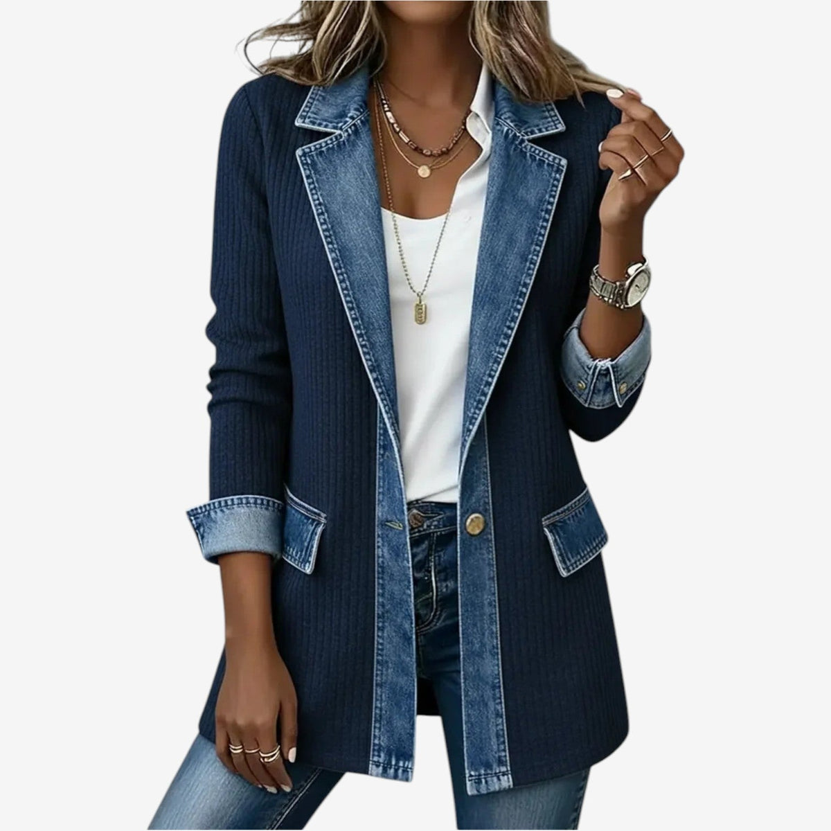 Cora Womens Knit Jacket with Denim Accents in Navy