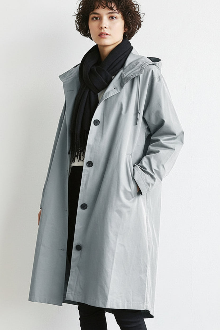 Mary Womens Hooded Waterproof Rain Trench Coat in Gray