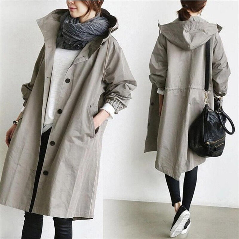 Mary Womens Hooded Waterproof Rain Trench Coat in Gray 2