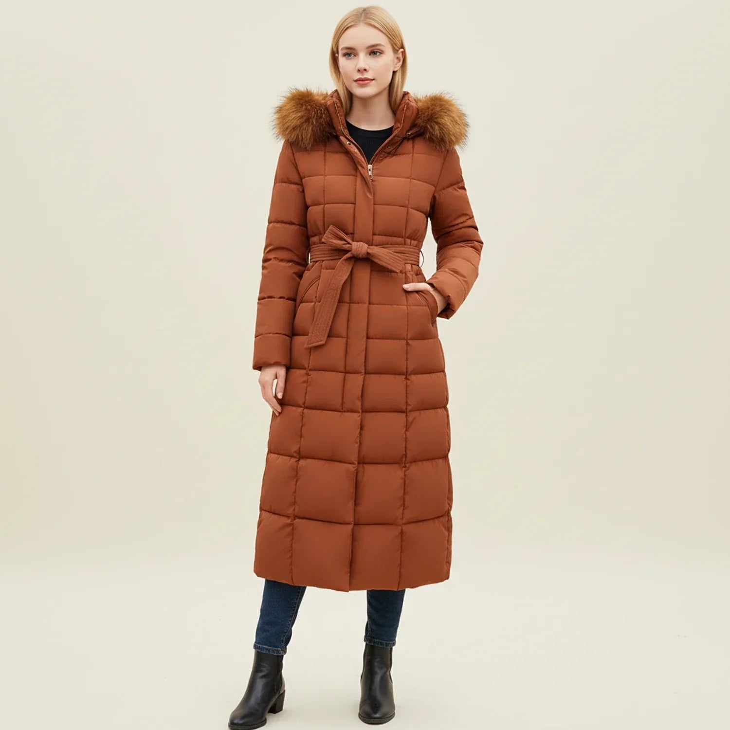 Quilted Hooded Belted Maxi-Length Puffer Jacket for Women – Warmth & Cozy Comfort