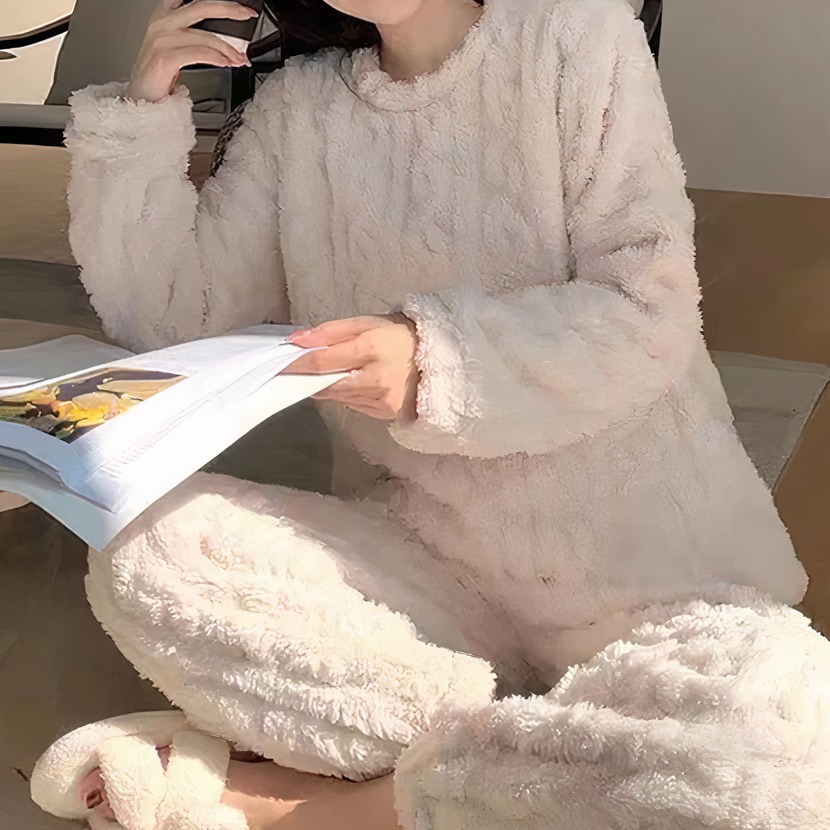 Mandy Womens Fleece Pajama Set, Warm Sleepwear in White