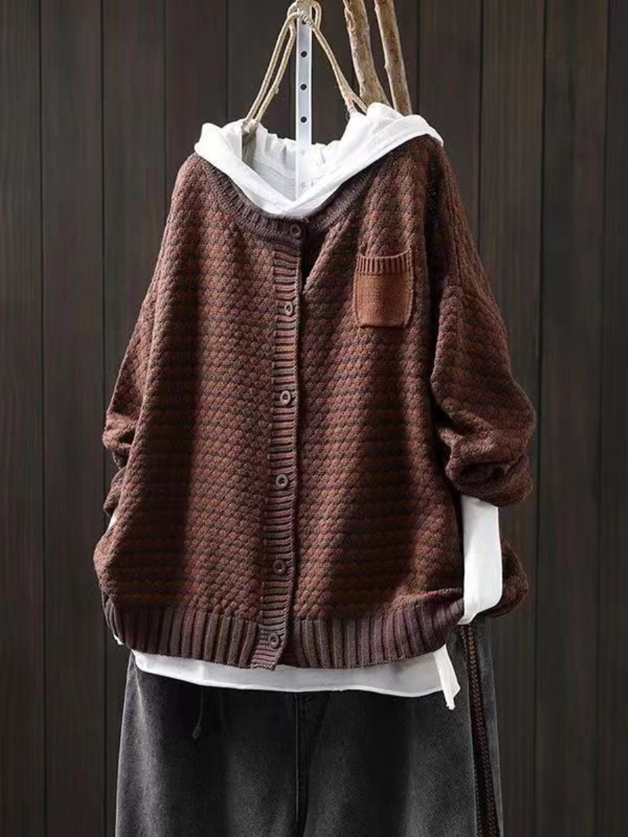 Wrenley | Women's Relaxed Fit Knit Button Cardigan — Waffle-Stitch Layer with Chest Pocket | Westmere