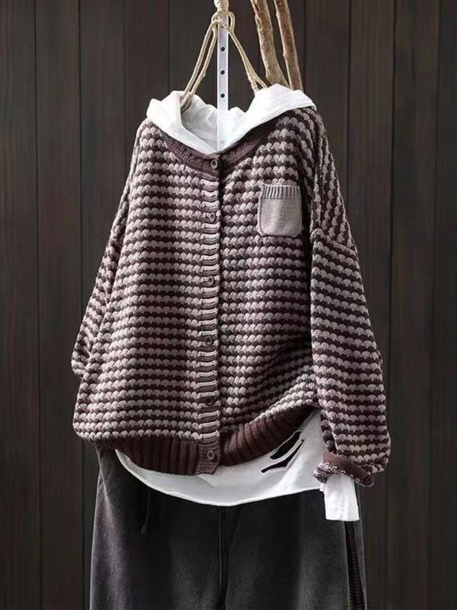 Wrenley | Women's Relaxed Fit Knit Button Cardigan — Waffle-Stitch Layer with Chest Pocket | Westmere